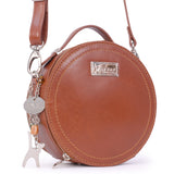 CATWALK COLLECTION HANDBAGS - Small Round Shaped Shoulder Bag - Circular Crossbody Bag - Genuine Leather - TIFFANY - Tan CS