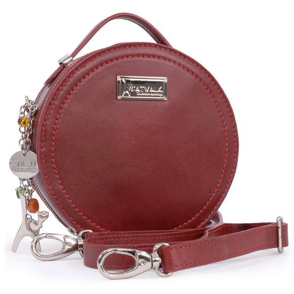 CATWALK COLLECTION HANDBAGS - Small Round Shaped Shoulder Bag - Circular Crossbody Bag - Genuine Leather - TIFFANY - Red CS