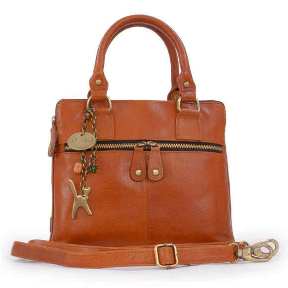 CATWALK COLLECTION HANDBAGS - Vintage Leather Handbag - Shoulder Bag / Cross Body Bag - Includes Shoulder Strap - Fits Kindle Fire - VICKY - Tan