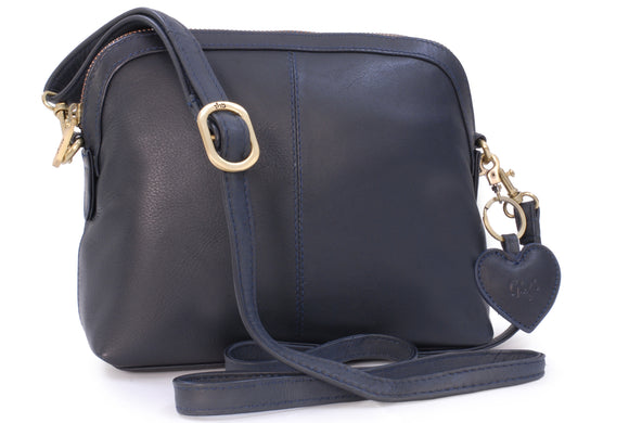 GIGI - Women's Leather Cross Body Handbag - Shoulder Bag with Long Adjustable Strap - OTHELLO 10190 - with heart keyring charm - Navy