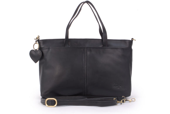 GIGI - Women's Large Leather Tote Handbag - Shoulder Bag / Cross Body With Extra Detachable Adjustable Strap - OTHELLO 6490 - with heart keyring charm - Black