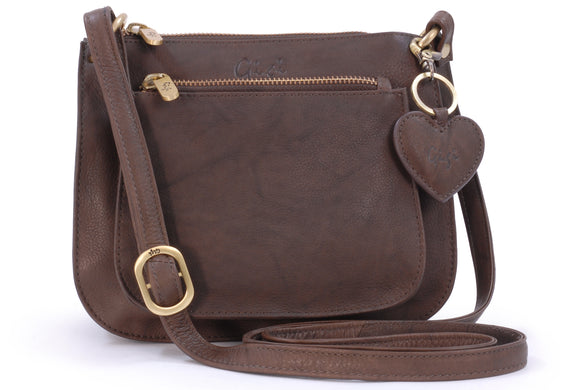GIGI - Women's Leather Cross Body Handbag - Shoulder Bag with Long Adjustable Strap - OTHELLO 9975 - with heart keyring charm - Burgundy