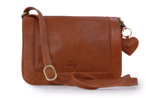 GIGI - Women's Leather Flap Over Cross Body Handbag - Shoulder Bag with Long Adjustable Strap - GIOVANNA 8948 - with heart keyring charm - Tan
