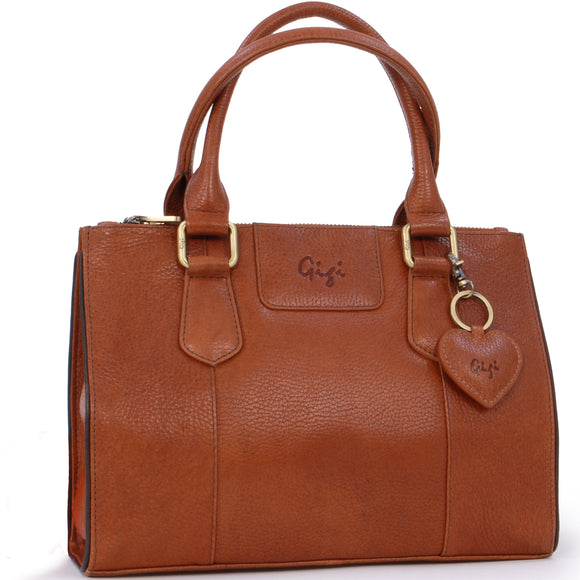 GIGI - Women's Mid-Size Leather Tote Handbag - Top Handle Bag - GIOVANNA 9046 - with heart keyring charm - Tan