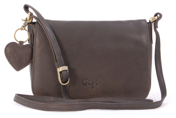 GIGI - Women's Leather Flap Over Cross Body Handbag - Organiser Shoulder Bag with Long Adjustable Strap - OTHELLO 14578 - with heart keyring charm - Dark Brown