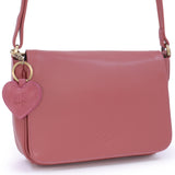GIGI - Women's Leather Flap Over Cross Body Handbag - Organiser Shoulder Bag with Long Adjustable Strap - OTHELLO 14578 - with heart keyring charm - Pink