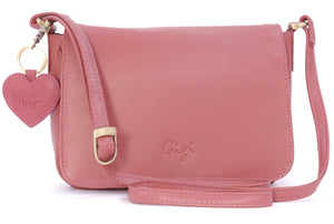 GIGI - Women's Leather Flap Over Cross Body Handbag - Organiser Shoulder Bag with Long Adjustable Strap - OTHELLO 14578 - with heart keyring charm - Pink
