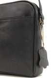 GIGI - Women’s Small Leather Cross Body Handbag - Shoulder Bag with Long Adjustable Strap - OTHELLO 22-29 - with heart keyring charm - Black