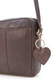 GIGI - Women’s Small Leather Cross Body Handbag - Shoulder Bag with Long Adjustable Strap - OTHELLO 22-29 - with heart keyring charm - Dark Brown