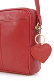 GIGI - Women’s Small Leather Cross Body Handbag - Shoulder Bag with Long Adjustable Strap - OTHELLO 22-29 - with heart keyring charm - Red