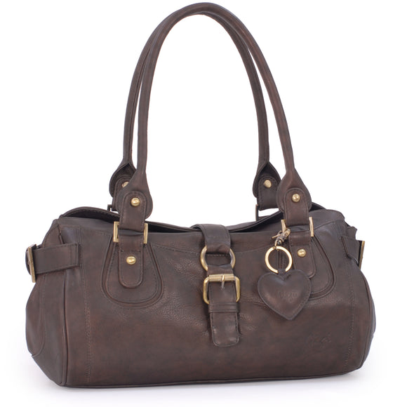 GIGI - Women's Leather Grab Bag - Top Handle / Shoulder Handbag - OTHELLO 4528 - with heart keyring charm - Brown