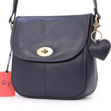 GIGI - Women's Leather Saddle Bag - Shoulder / Cross Body Handbag with Long Adjustable Strap - OTHELLO 8755 - with heart keyring charm - Navy Blue
