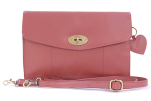 GIGI - Women's Leather Twist Lock Flap Over Clutch Bag - Cross Body Handbag With Extra Detachable Adjustable Shoulder Strap - OTHELLO 8757 - with heart keyring charm - Pink