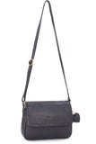 GIGI - Women's Leather Flap Over Cross Body Handbag - Shoulder Bag with Long Adjustable Strap - OTH1008 - with heart keyring charm - Black