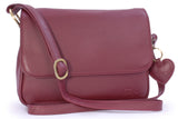 GIGI - Women's Leather Flap Over Cross Body Handbag - Shoulder Bag with Long Adjustable Strap - OTH1008 - with heart keyring charm - Burgundy