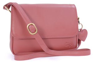 GIGI - Women's Leather Flap Over Cross Body Handbag - Shoulder Bag with Long Adjustable Strap - OTH1008 - with heart keyring charm - Pink