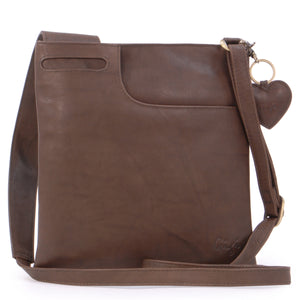 GIGI - Women's Leather Cross Body Handbag - Shoulder Bag with Long Adjustable Strap - OTHELLO 2057 - with heart keyring charm - Dark Brown