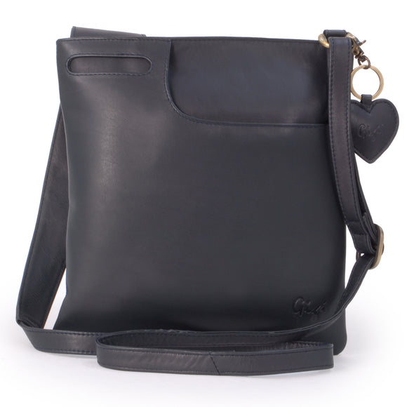 GIGI - Women's Leather Cross Body Handbag - Shoulder Bag with Long Adjustable Strap - OTHELLO 2057 - with heart keyring charm - Dark Blue / Navy