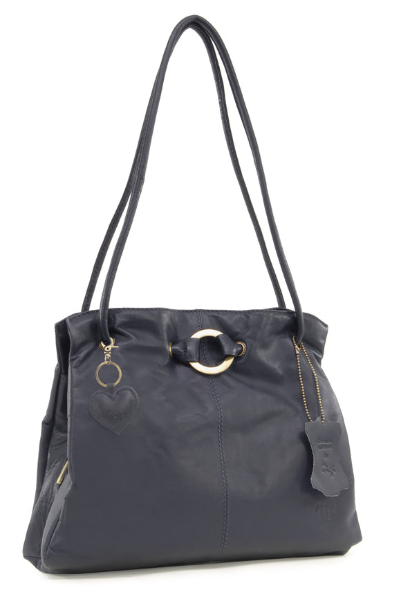 GIGI - Women's Leather Shoulder Bag - OTHELLO 4323 - with heart keyring charm - Dark Blue / Navy