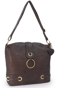 GIGI - Women's Leather Shoulder Handbag / Cross Body Bag with Adjustable Strap - OTHELLO 4589 - with heart keyring charm - Dark Brown